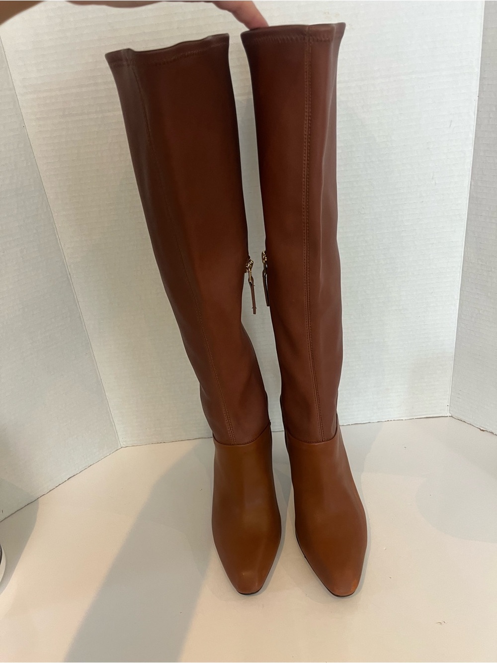 Reiss Cressida Caramel Brown Leather Knee High Heeled Boots Size 38/ 8 - Picture 4 of 14